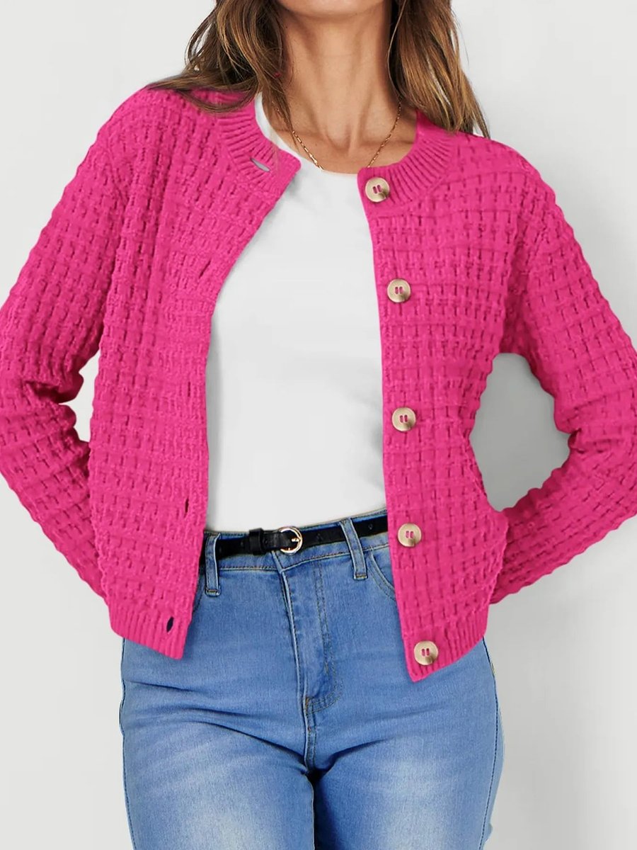 Women's Button-Front Chunky Knit Crewneck Cardigan Sweater