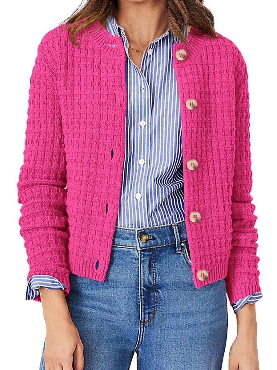 Women's Button-Front Chunky Knit Crewneck Cardigan Sweater