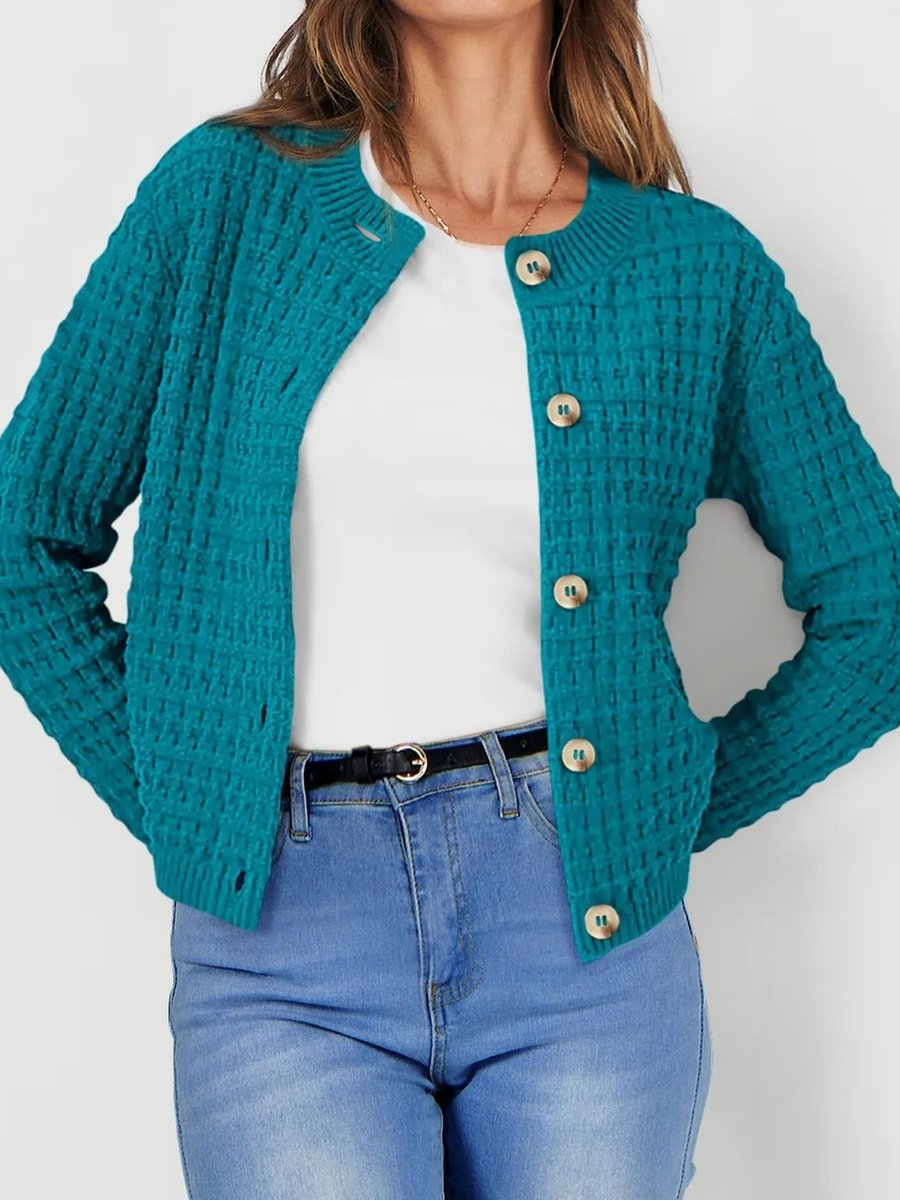 Women's Button-Front Chunky Knit Crewneck Cardigan Sweater