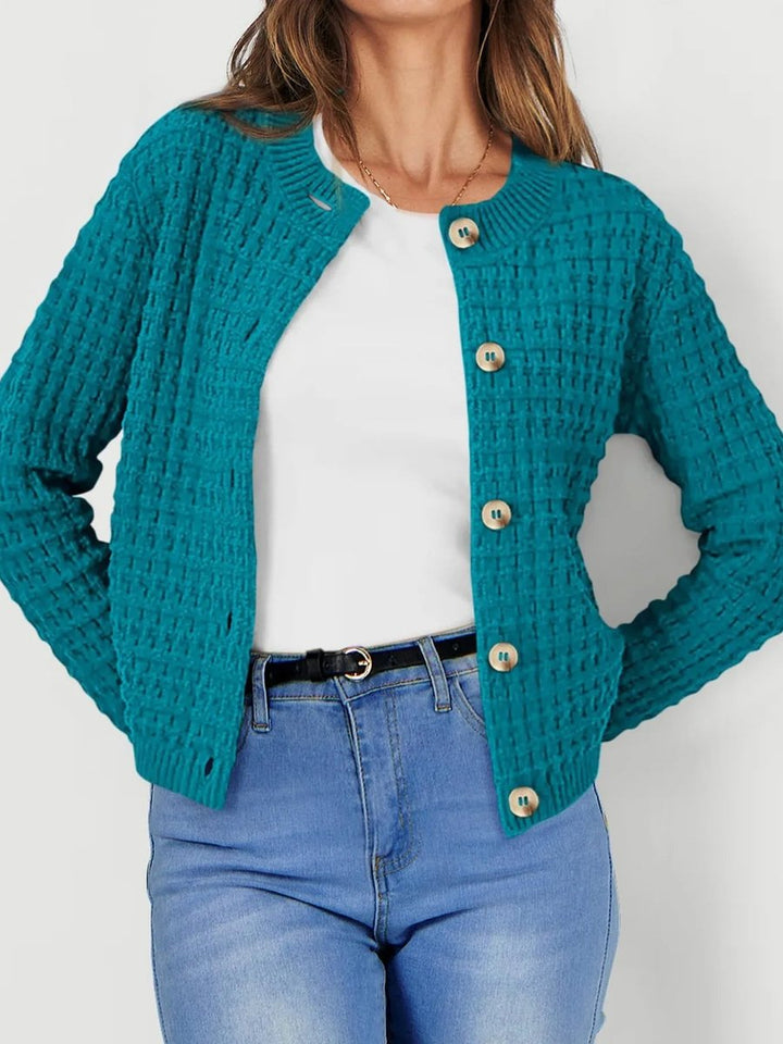 Women's Button-Front Chunky Knit Crewneck Cardigan Sweater