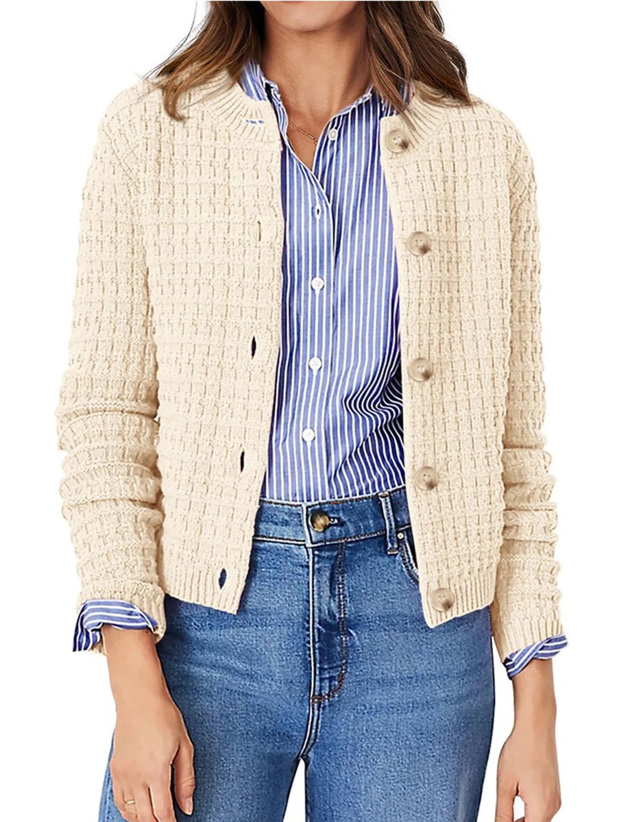 Women's Button-Front Chunky Knit Crewneck Cardigan Sweater