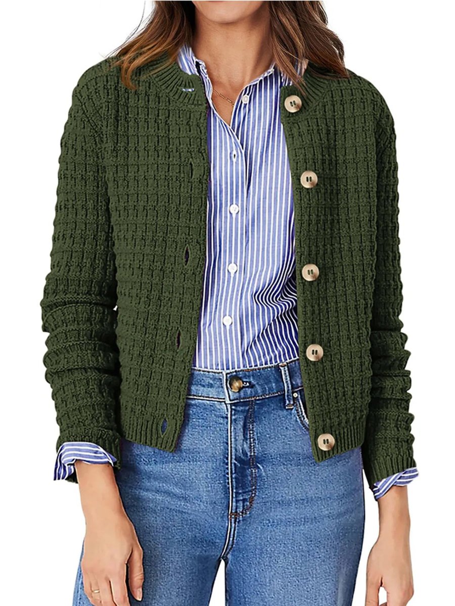 Women's Button-Front Chunky Knit Crewneck Cardigan Sweater