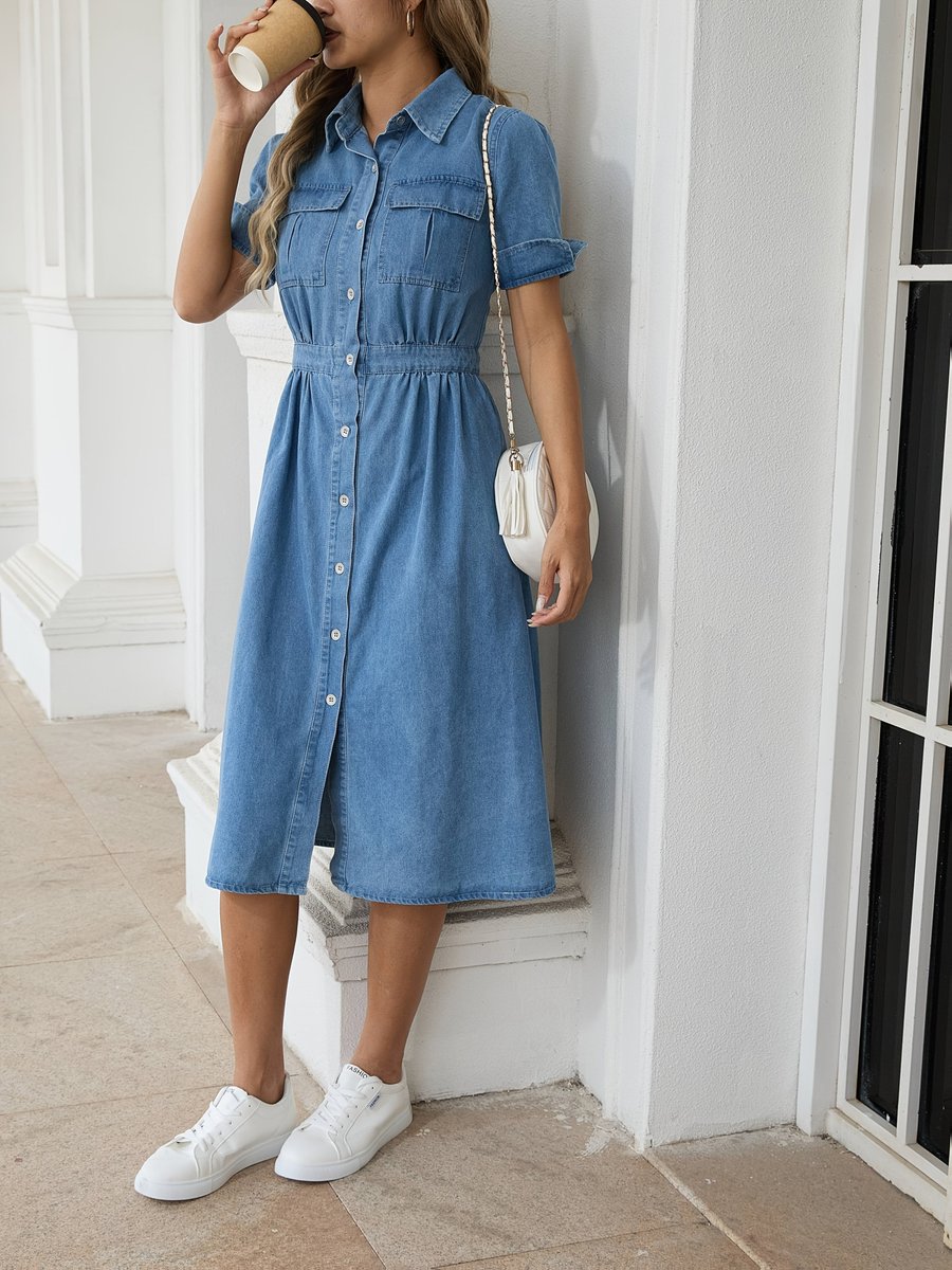 Women's Button-Front Denim Fall Midi Dress Elasticated Waist