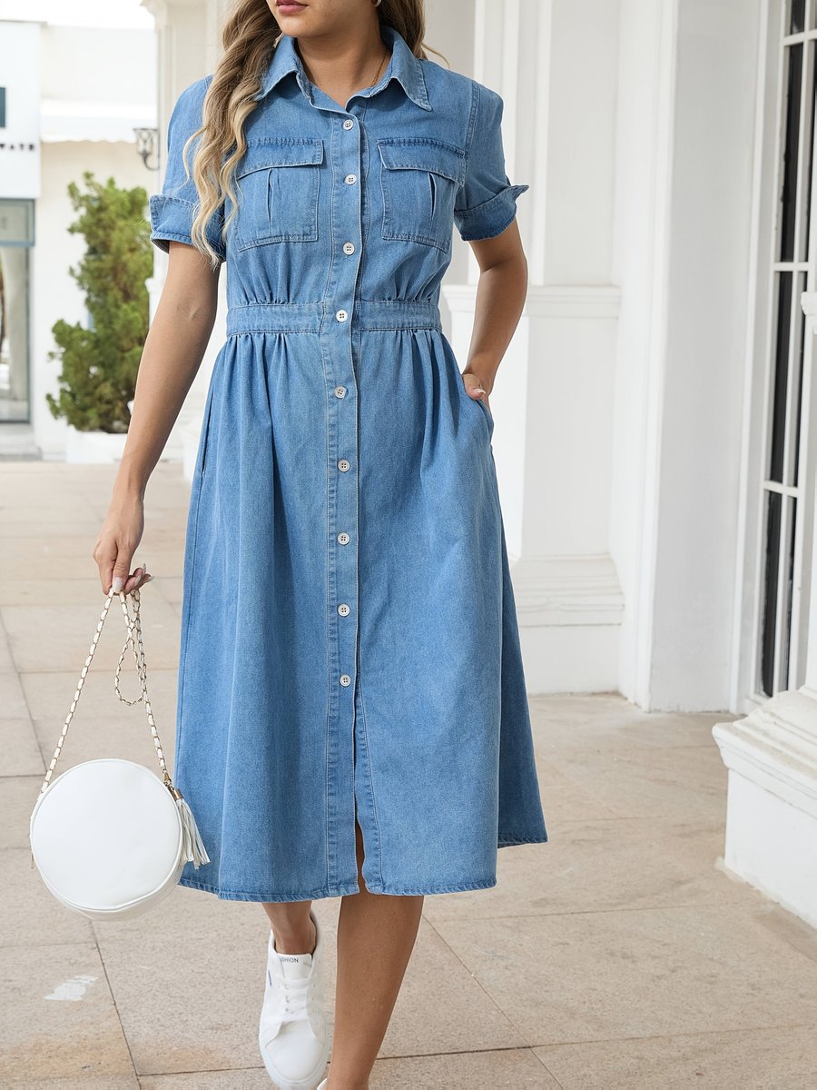 Women's Button-Front Denim Fall Midi Dress Elasticated Waist