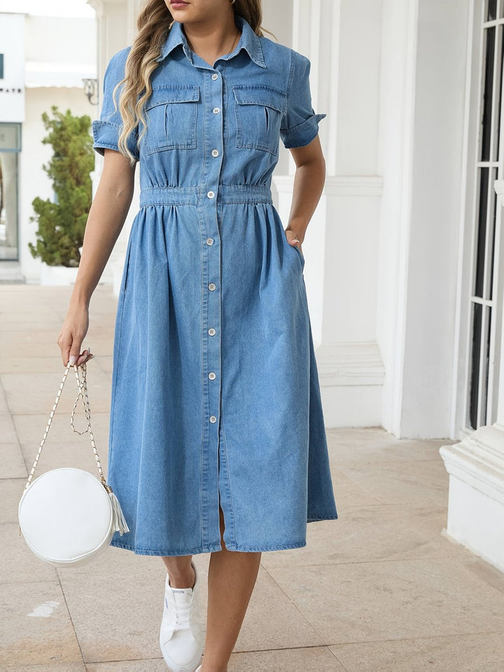 Women's Button-Front Denim Fall Midi Dress Elasticated Waist