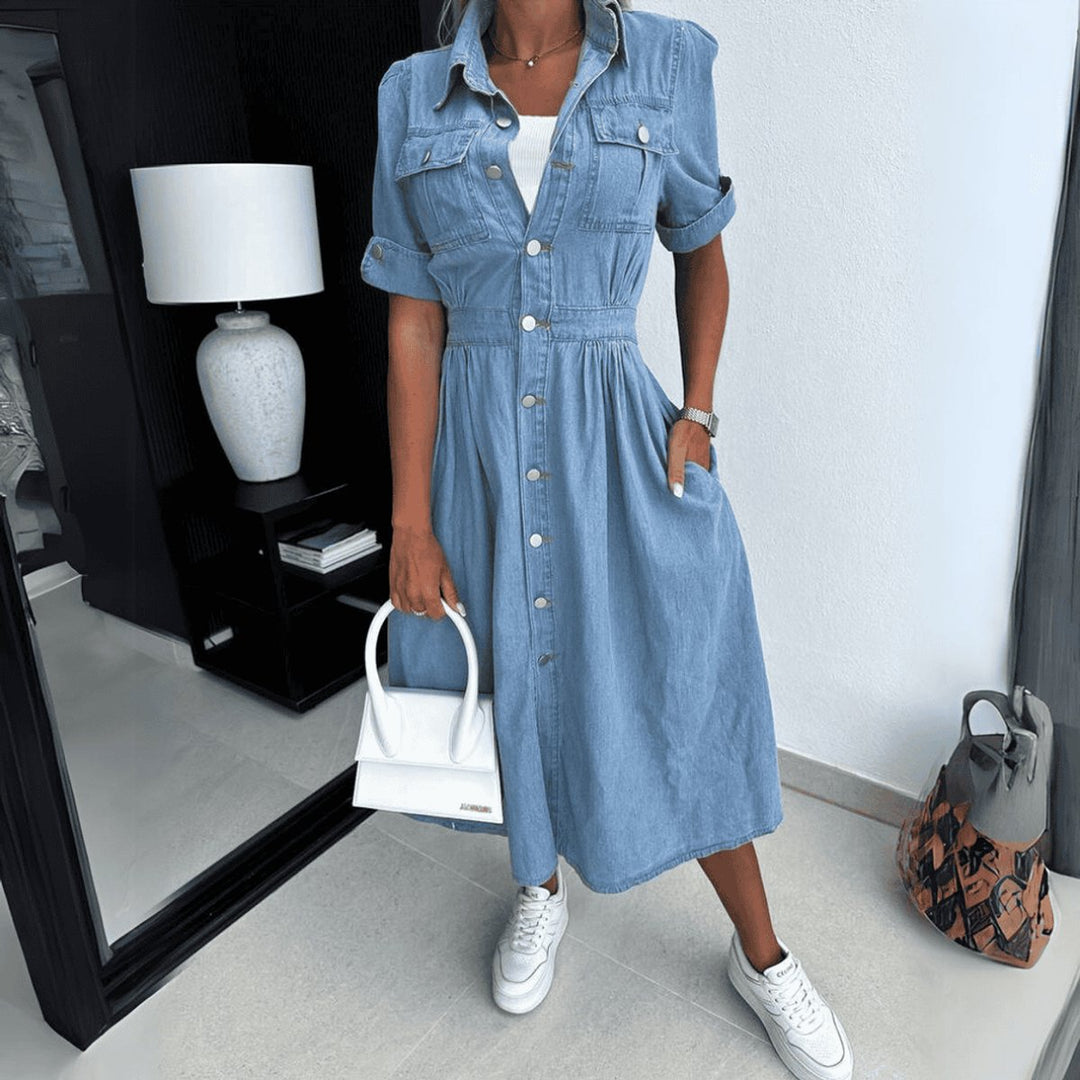 Women's Button-Front Denim Fall Midi Dress High-Waist Flared Skirt