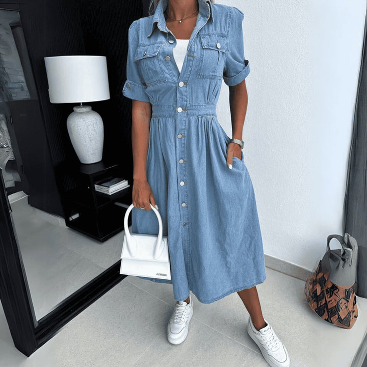 Women's Button-Front Denim Fall Midi Dress High-Waist Flared Skirt