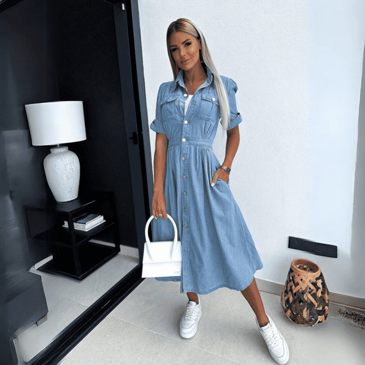Women's Button-Front Denim Fall Midi Dress High-Waist Flared Skirt
