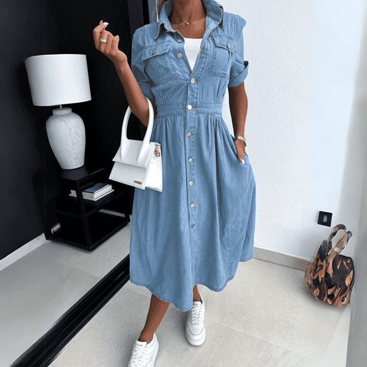Women's Button-Front Denim Fall Midi Dress High-Waist Flared Skirt