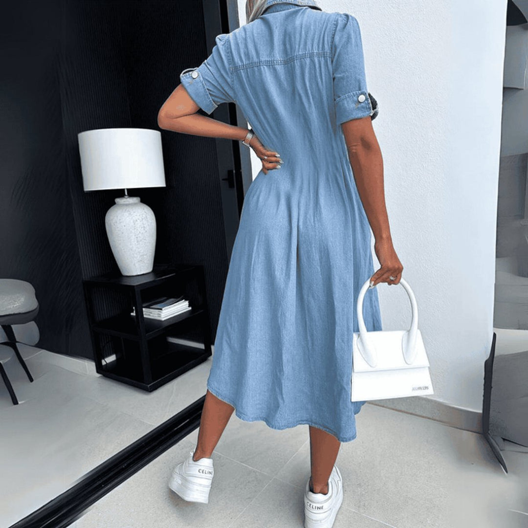 Women's Button-Front Denim Fall Midi Dress High-Waist Flared Skirt