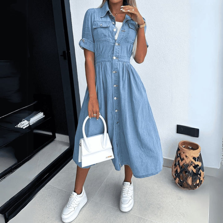 Women's Button-Front Denim Fall Midi Dress High-Waist Flared Skirt
