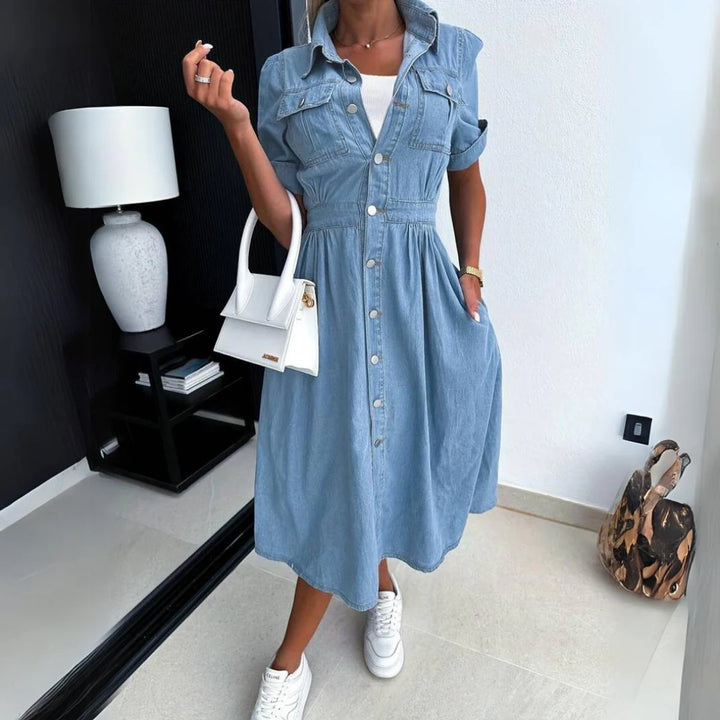 Women's Button-Front Denim Fall Midi Dress Shirt Style