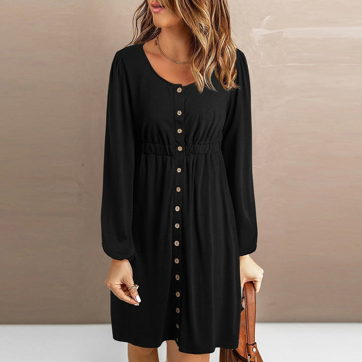Women's Button-Front Elastic-Waist Long-Sleeve Fall Midi Dress