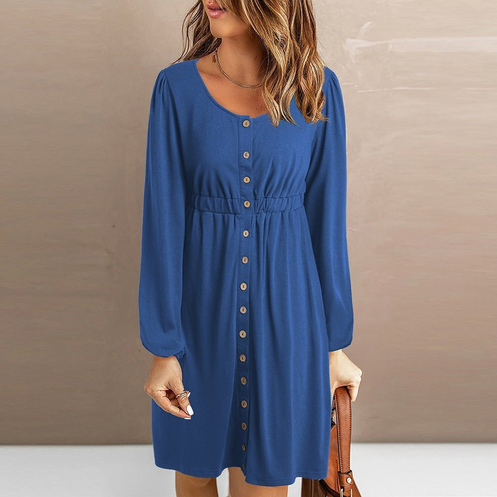 Women's Button-Front Elastic-Waist Long-Sleeve Fall Midi Dress