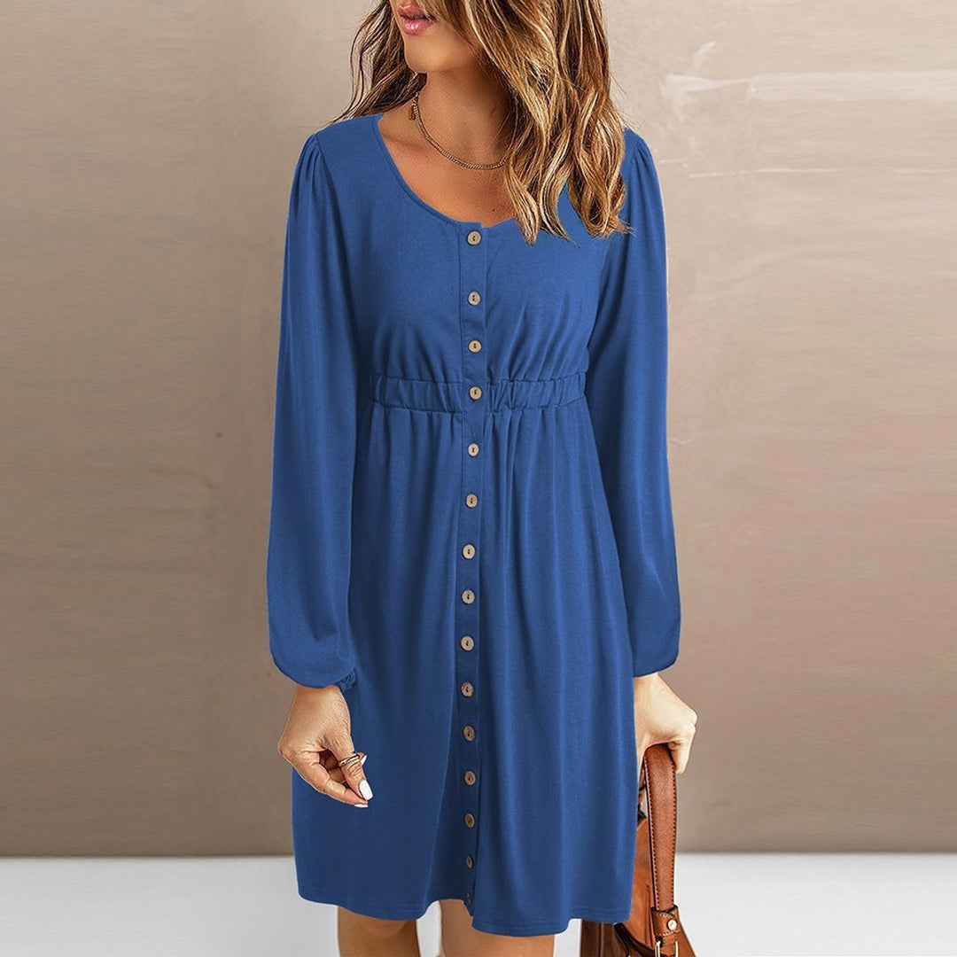 Women's Button-Front Elastic-Waist Long-Sleeve Fall Midi Dress