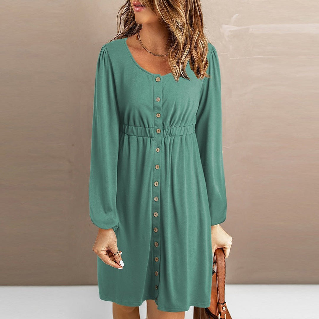 Women's Button-Front Elastic-Waist Long-Sleeve Fall Midi Dress