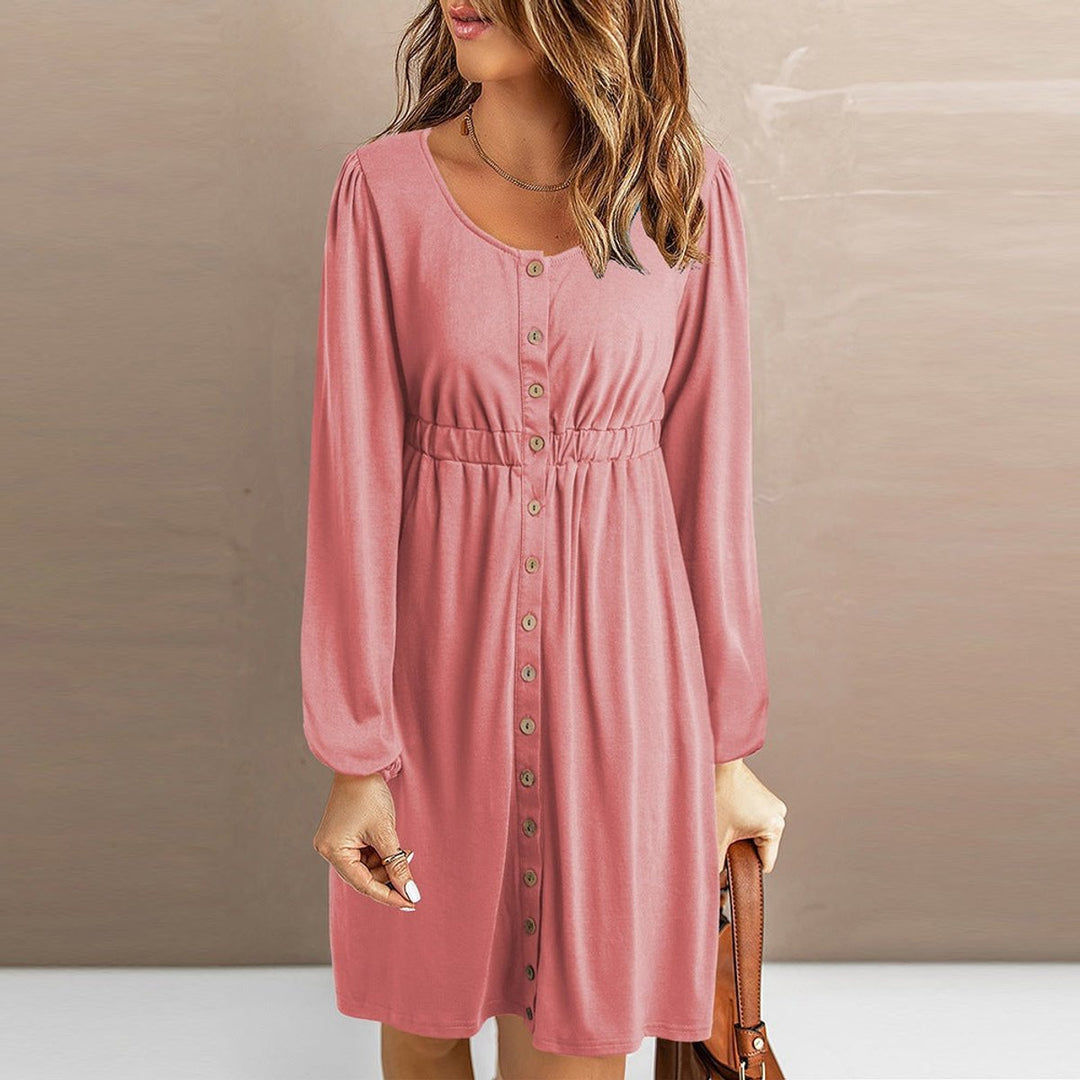 Women's Button-Front Elastic-Waist Long-Sleeve Fall Midi Dress