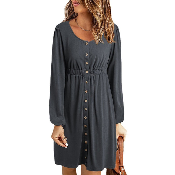 Women's Button-Front Elastic-Waist Long-Sleeve Fall Midi Dress