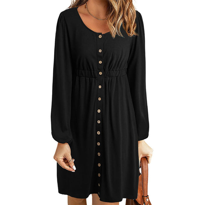 Women's Button-Front Elastic-Waist Long-Sleeve Fall Midi Dress