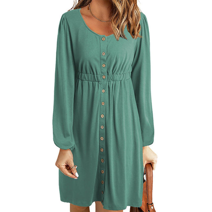 Women's Button-Front Elastic-Waist Long-Sleeve Fall Midi Dress