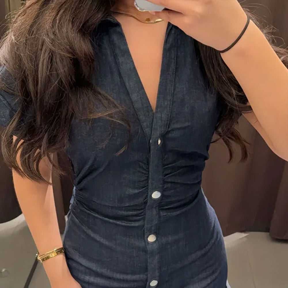 Women's Button-Front Fitted Denim Fall Midi Dress