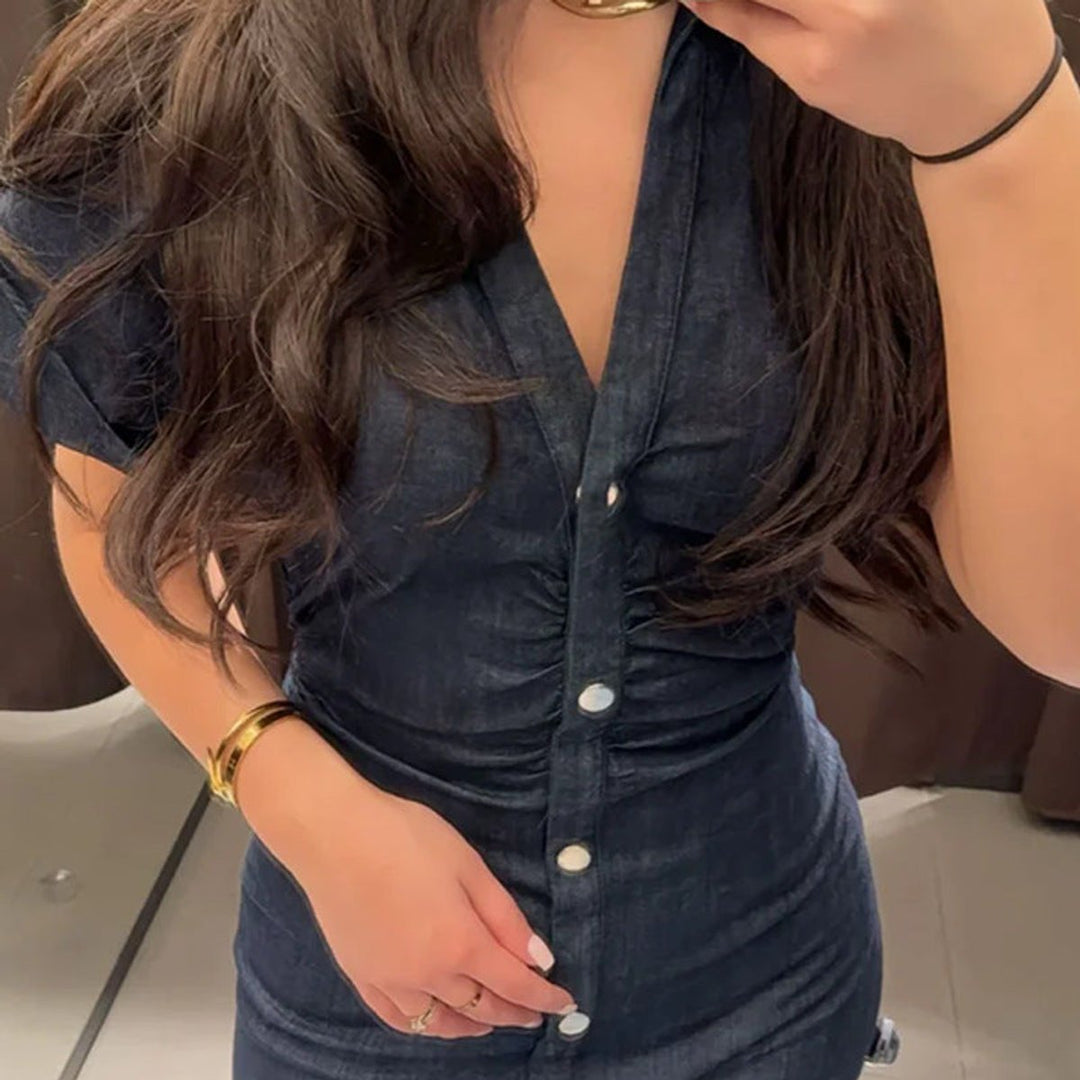 Women's Button-Front Fitted Denim Fall Midi Dress