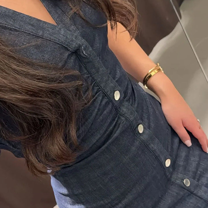Women's Button-Front Fitted Denim Fall Midi Dress