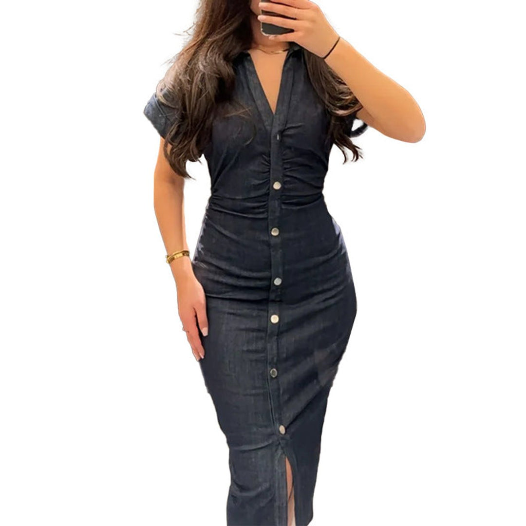 Women's Button-Front Fitted Denim Fall Midi Dress
