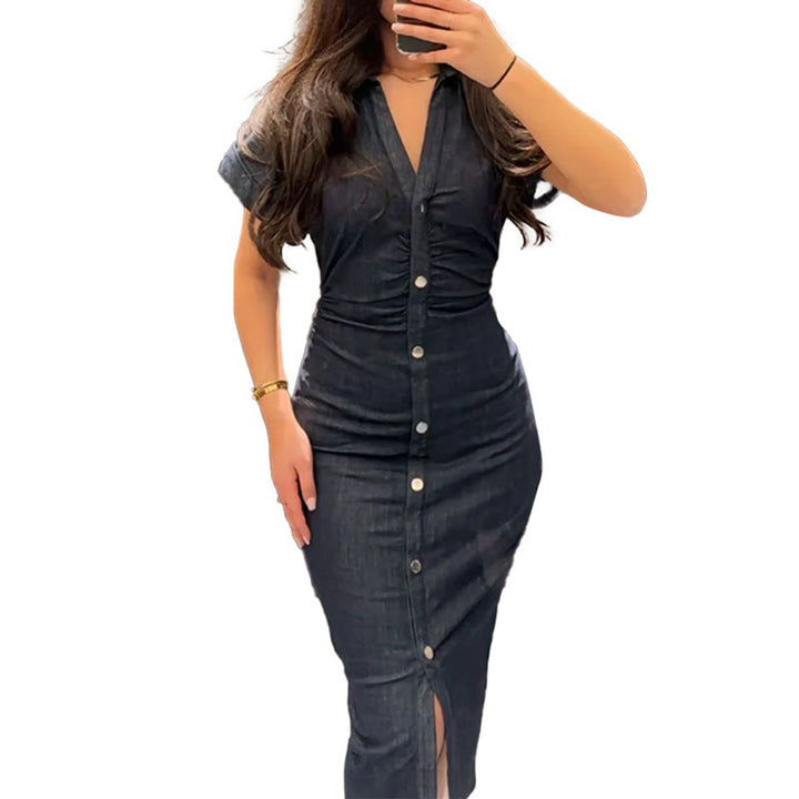 Women's Button-Front Fitted Denim Fall Midi Dress