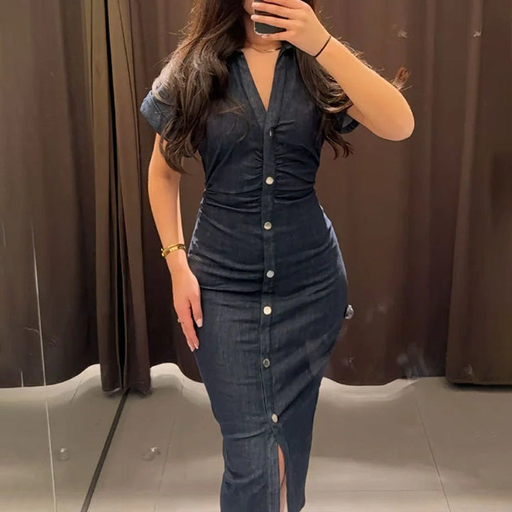 Women's Button-Front Fitted Denim Fall Midi Dress