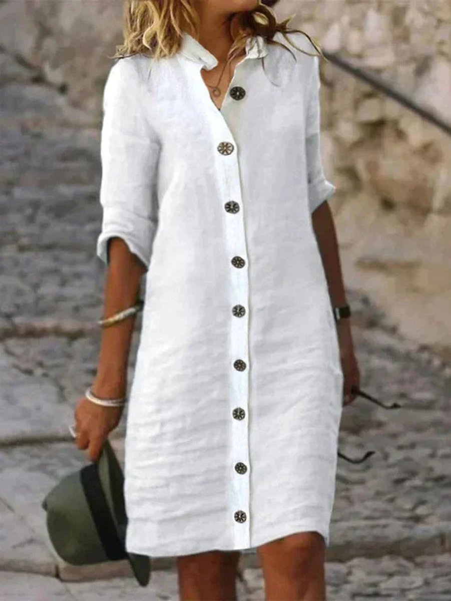 Women's Button-Front Linen Fall Midi Dress Long Sleeve