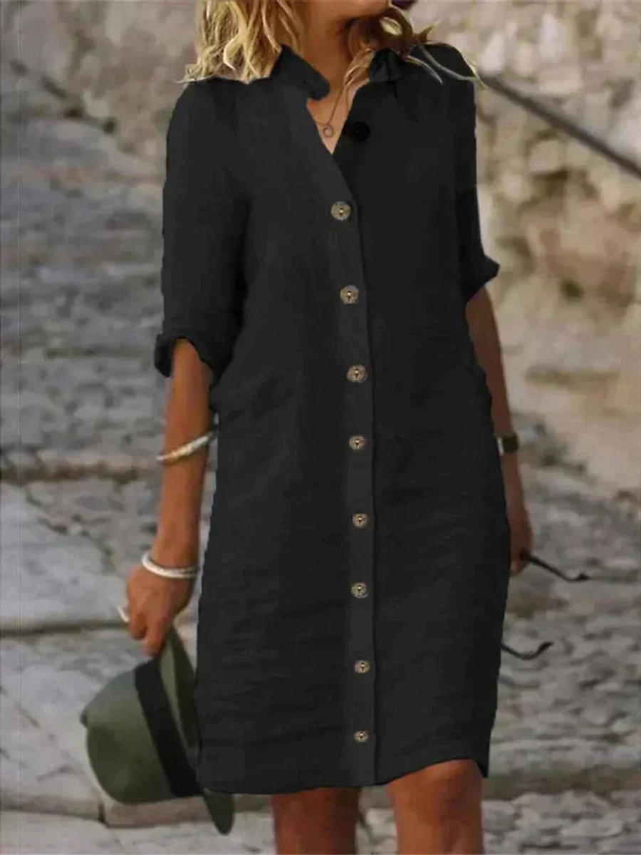 Women's Button-Front Linen Fall Midi Dress Long Sleeve