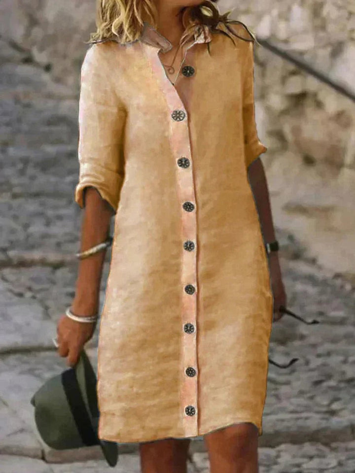 Women's Button-Front Linen Fall Midi Dress Long Sleeve