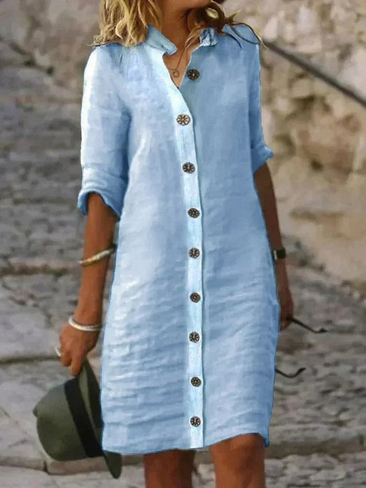 Women's Button-Front Linen Fall Midi Dress Long Sleeve