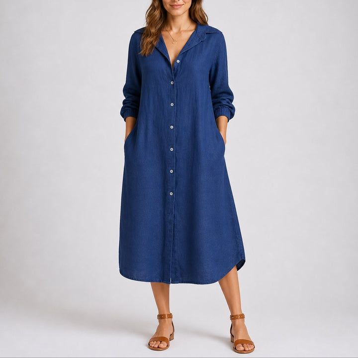 Women's Button-Front Long Sleeve Fall Dress Relaxed Midi Shirt Dress - Blue