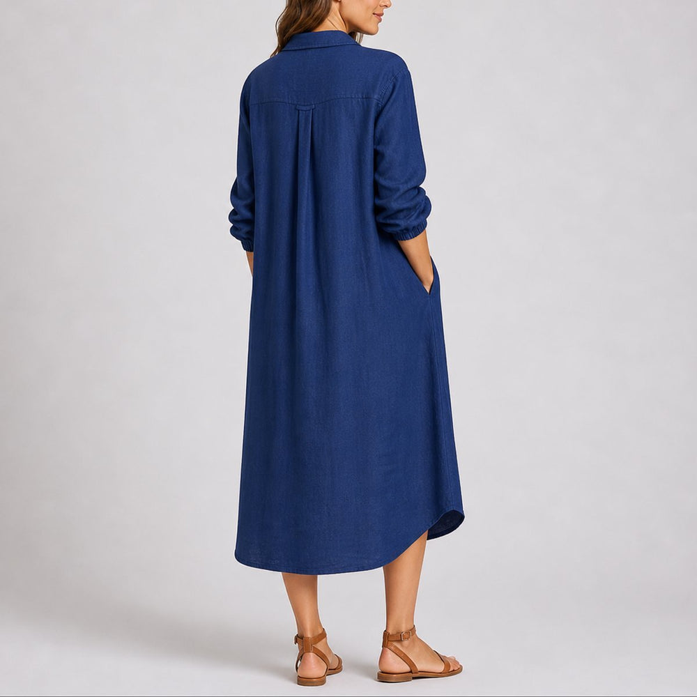 Women's Button-Front Long Sleeve Fall Dress Relaxed Midi Shirt Dress
