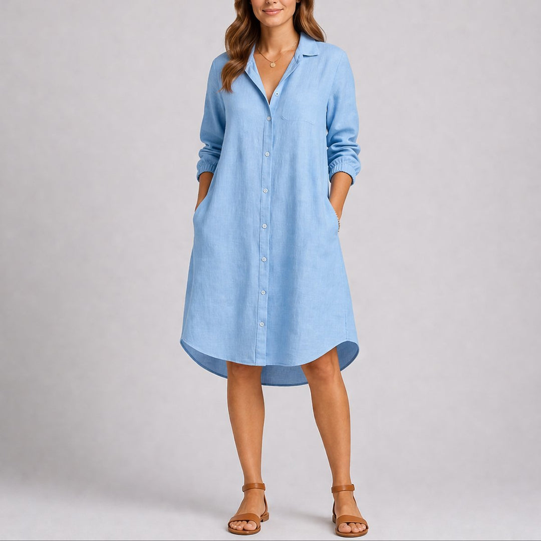 Women's Button-Front Long Sleeve Fall Dress Relaxed Midi Shirt Dress - Light Blue