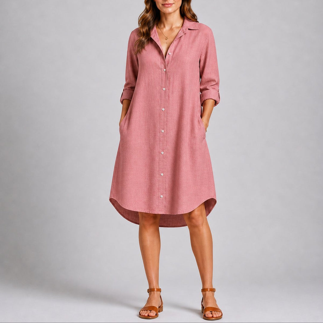 Women's Button-Front Long Sleeve Fall Dress Relaxed Midi Shirt Dress - Pink