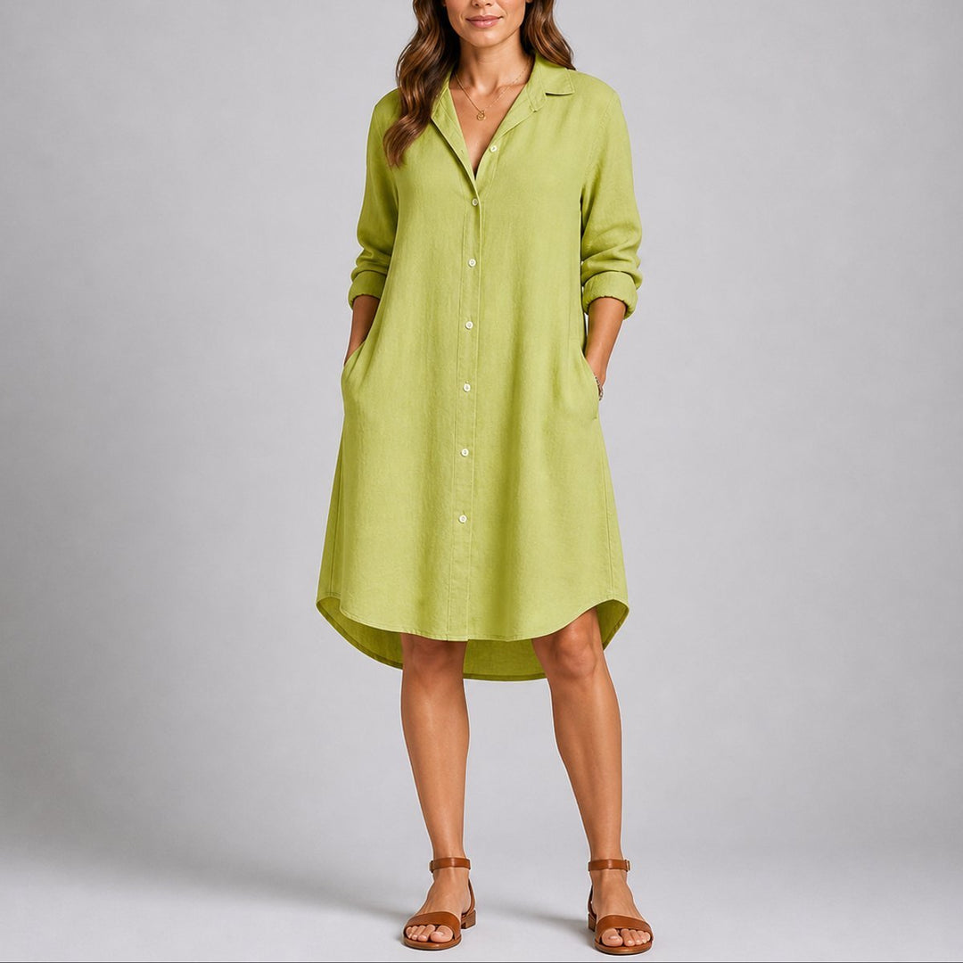 Women's Button-Front Long Sleeve Fall Dress Relaxed Midi Shirt Dress - Green
