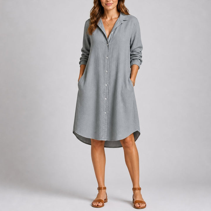 Women's Button-Front Long Sleeve Fall Dress Relaxed Midi Shirt Dress - Gray