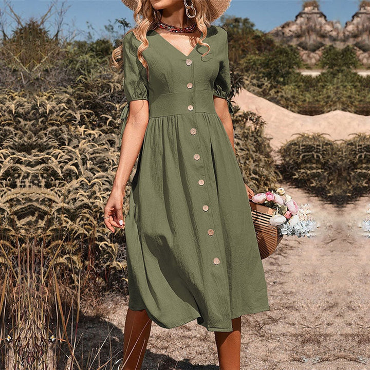 Women's Button-Front Open-Back Boho Fall Midi Dress