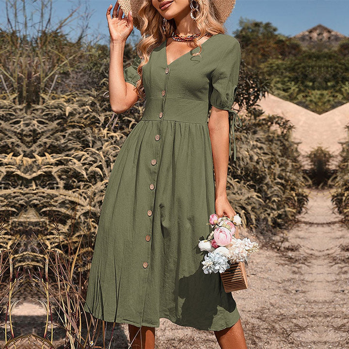 Women's Button-Front Open-Back Boho Fall Midi Dress