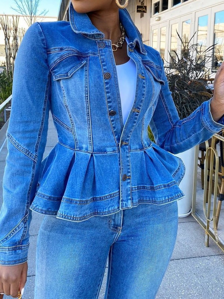 Women's Button-Front Peplum Long Sleeve Denim Jacket