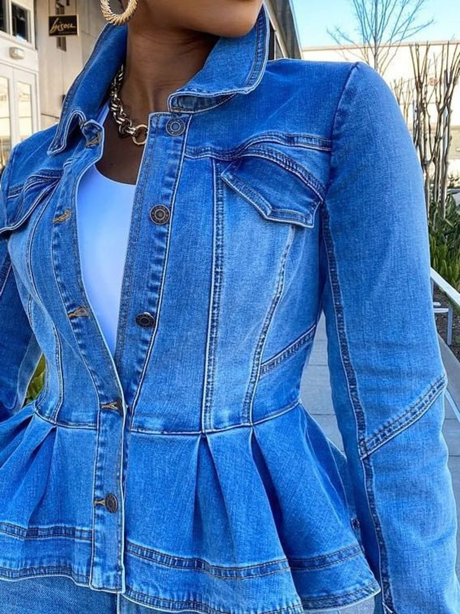 Women's Button-Front Peplum Long Sleeve Denim Jacket