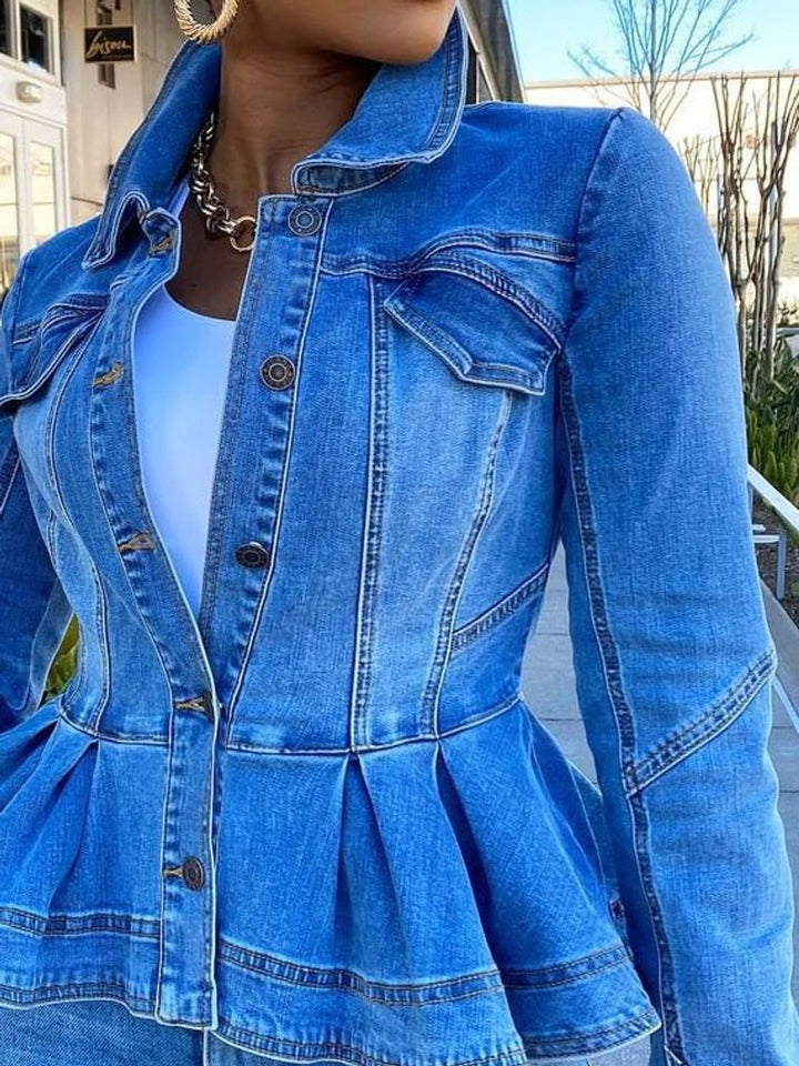 Women's Button-Front Peplum Long Sleeve Denim Jacket