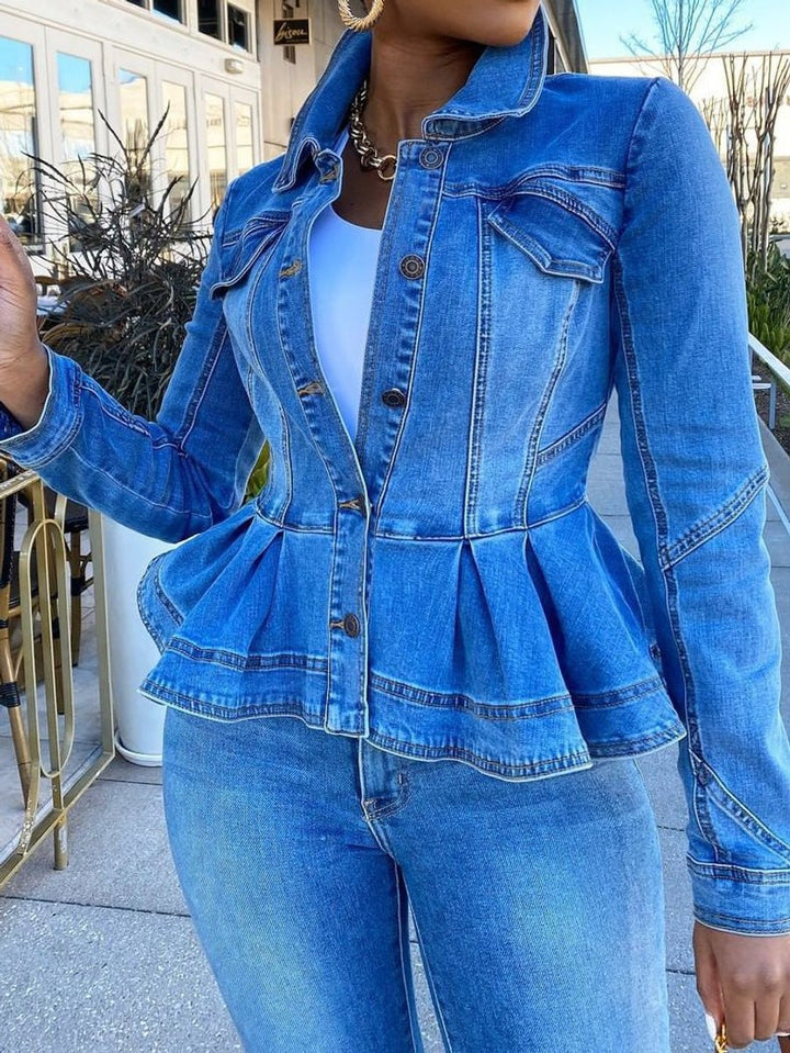 Women's Button-Front Peplum Long Sleeve Denim Jacket