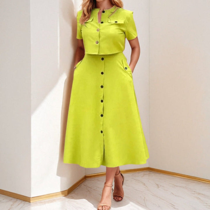 Women's Buttoned A-Line Fall Midi Dress Short Sleeve Pockets