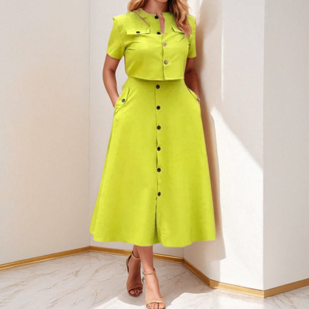 Women's Buttoned A-Line Fall Midi Dress Short Sleeve Pockets