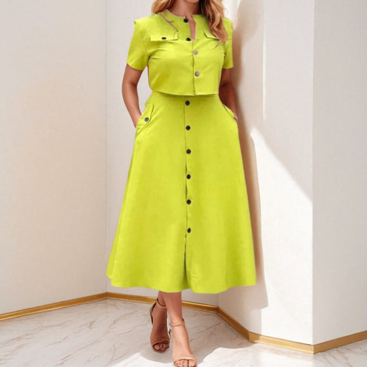 Women's Buttoned A-Line Fall Midi Dress Short Sleeve Pockets