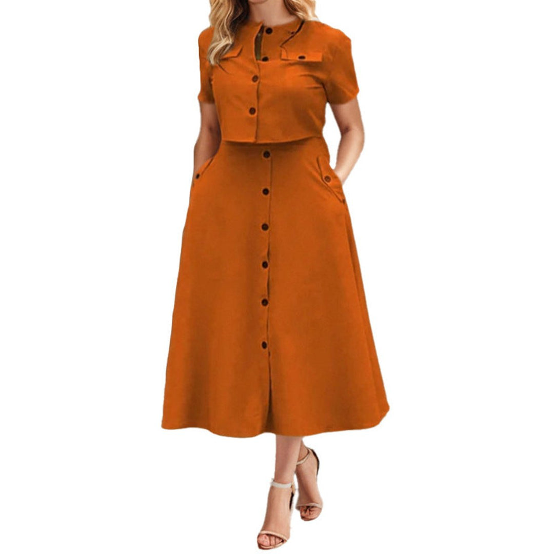 Women's Buttoned A-Line Fall Midi Dress Short Sleeve Pockets